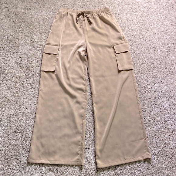 Mimosa Pants - LAST CHANCE! Mimosa • Tan High Rise Drawstring Wide Leg Satin Pants